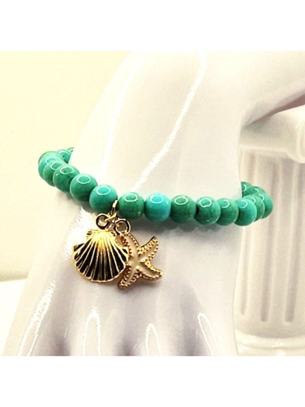 Turquoise Coastal Bracelet, Starfish Shell Charm Bracelet, Beachy Beaded Jewelry